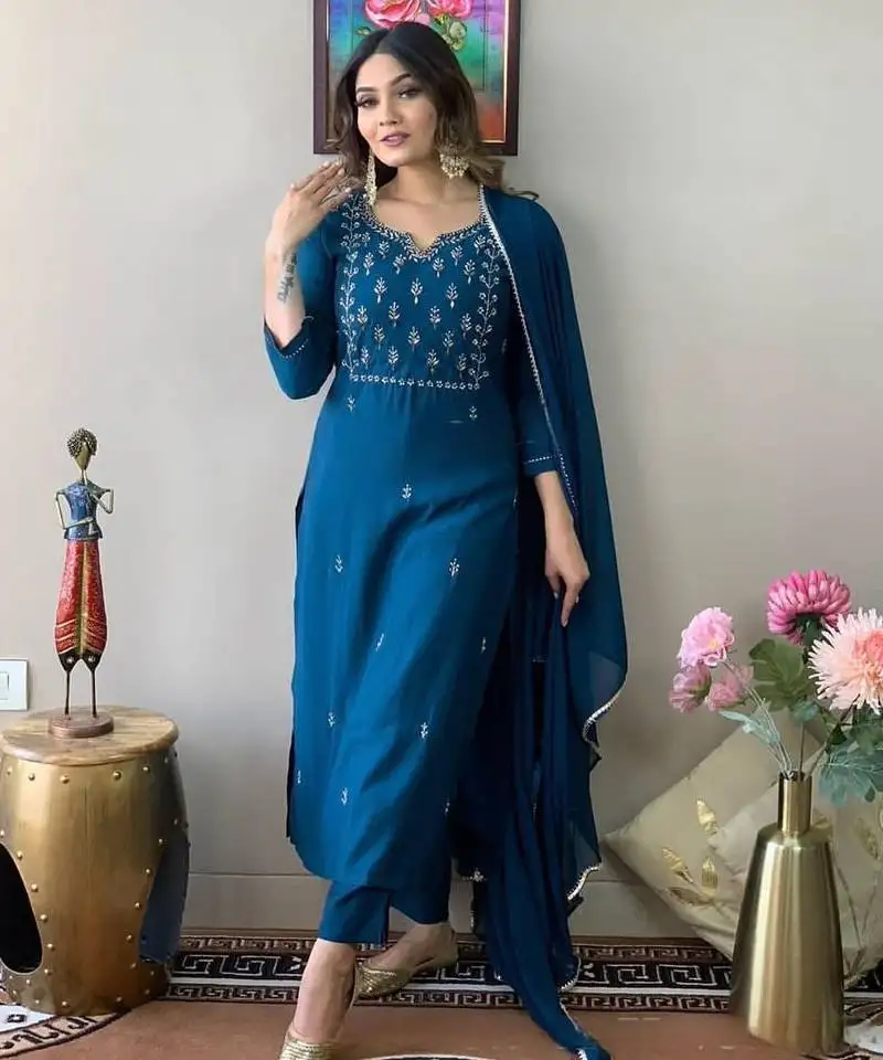 Teal embroidery rayon kurta set with chinon dupatta for women
