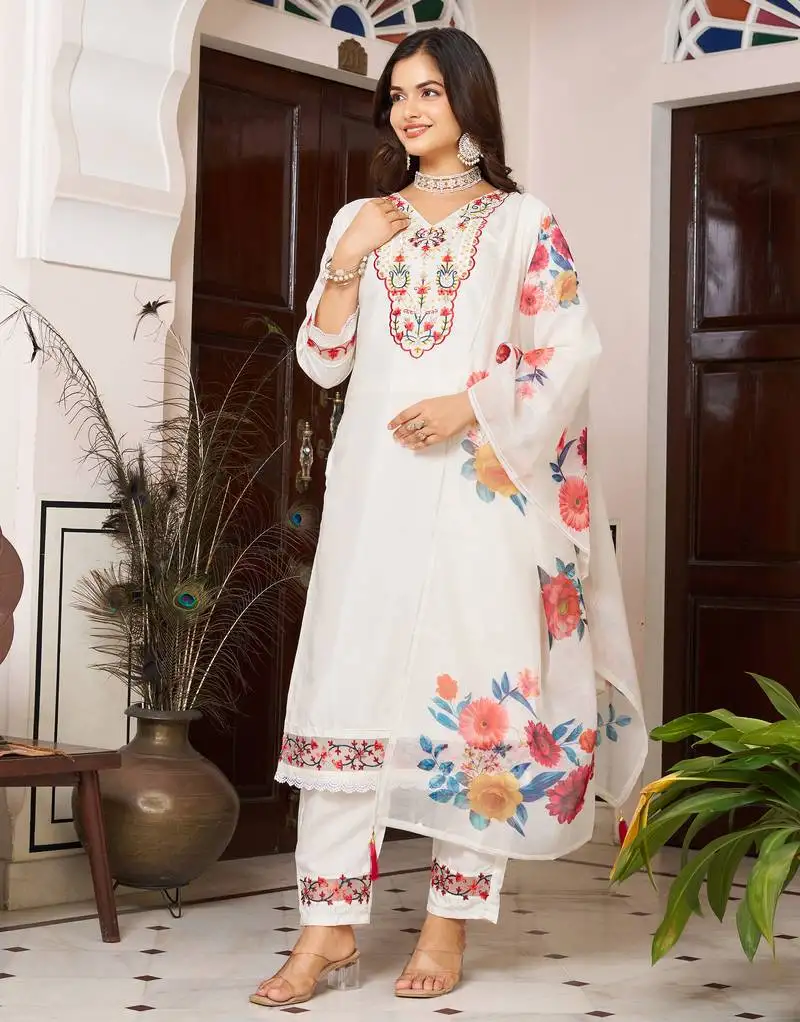 White floral sequence embroidery kurta set with chanderi dupatta for women