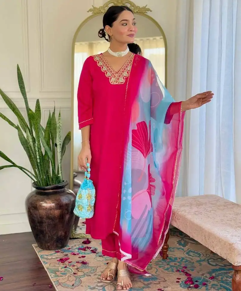 Pink embroidery rayon stylish kurta set with printed organza dupatta for women