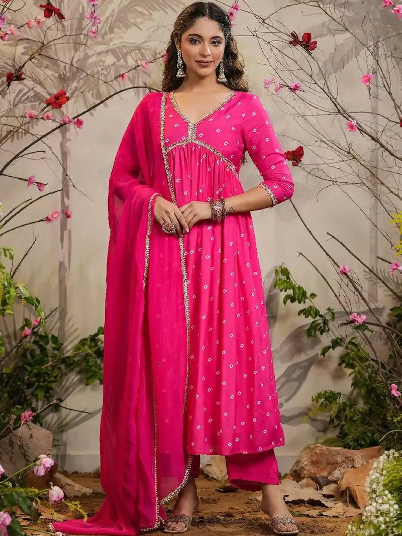 Pink floral embroidery muslin silk aaliya cut kurta set with organza dupatta for women