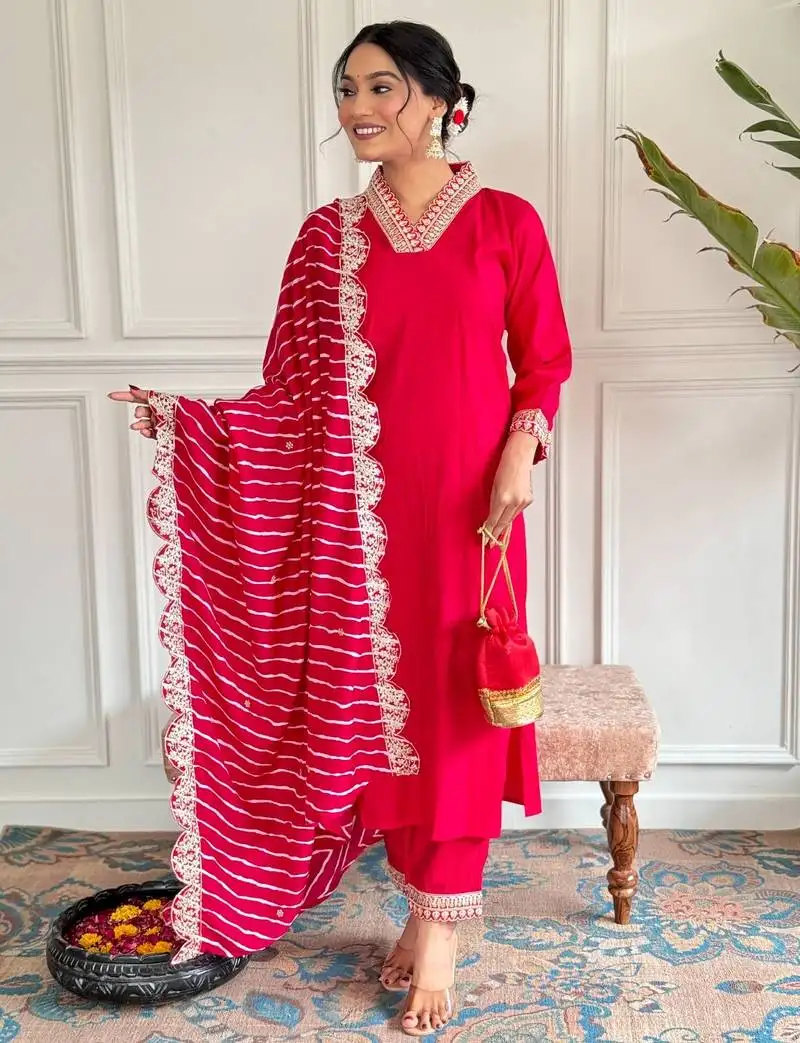 Red embroidery chanderi kurta set with muslin printed dupatta for women