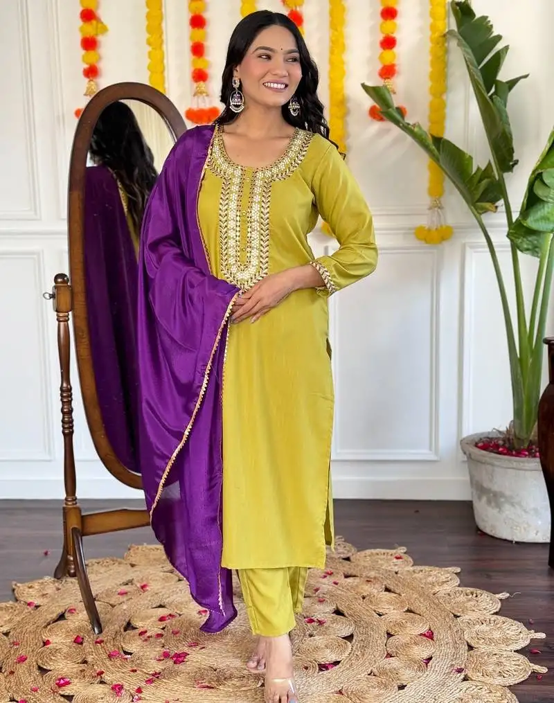 Yellow floral embroidery rayon kurta set with chinon dupatta for women