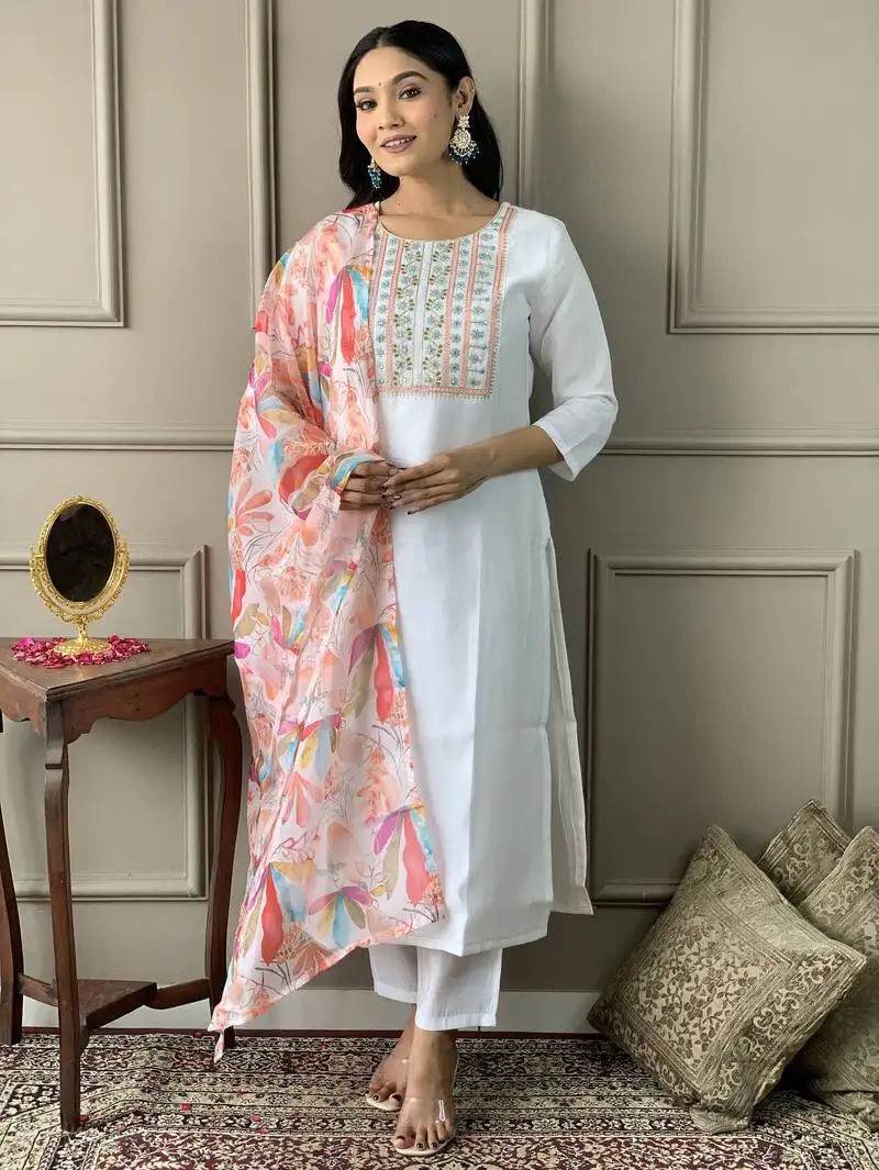 White sequence embroidery viscos silk kurta set with printed organza dupatta for women