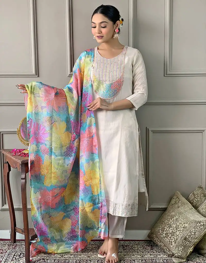 Cream floral sequence embroidery viscos shimmer silk kurta set with printed chinon dupatta for women