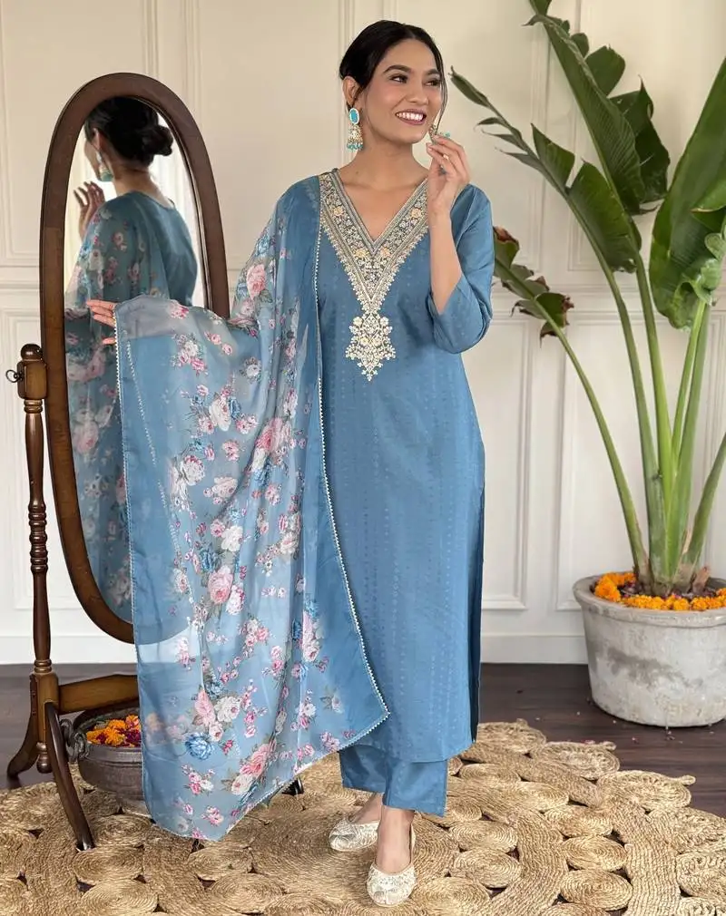 Petrol blue floral embroidery viscos rayon kurta set with printed organza dupatta for women