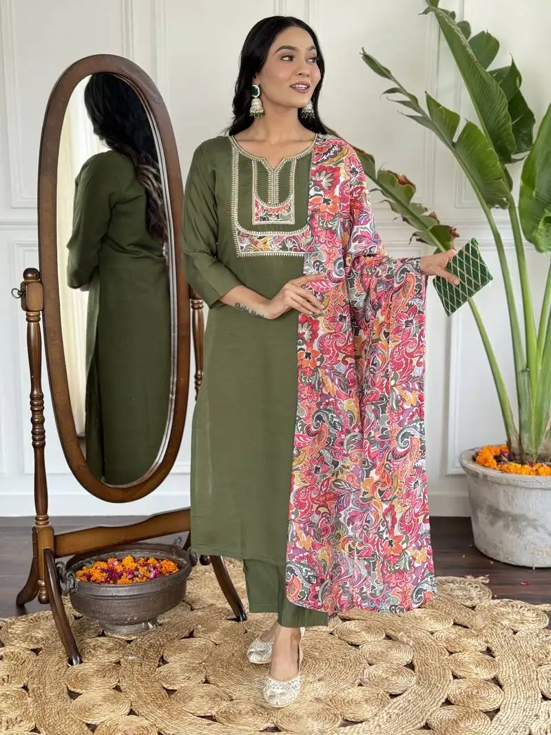 Mehendi green floral sequence embroidery viscos chanderi silk kurta set with printed crepe dupatta for women