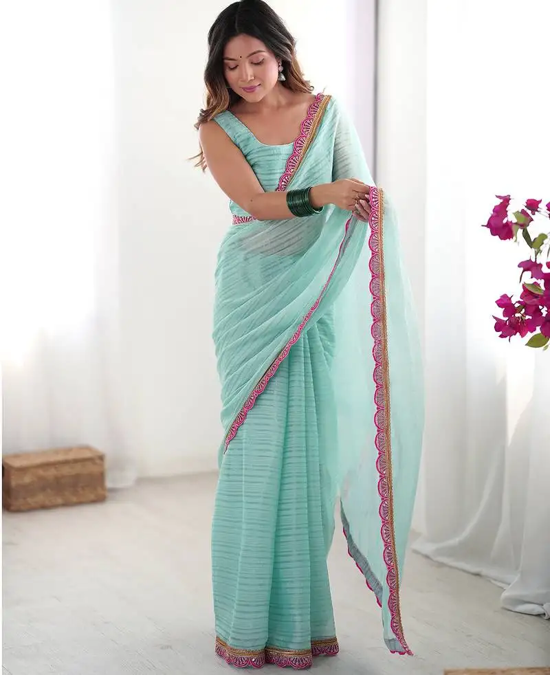 Sky blue lace sequins embroidery chiffon saree with blouse
