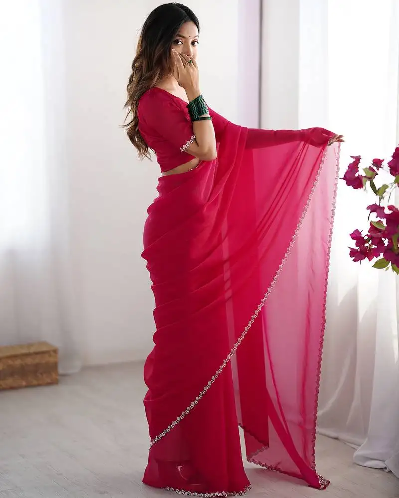 Dark pink stone work chiffon saree with blouse