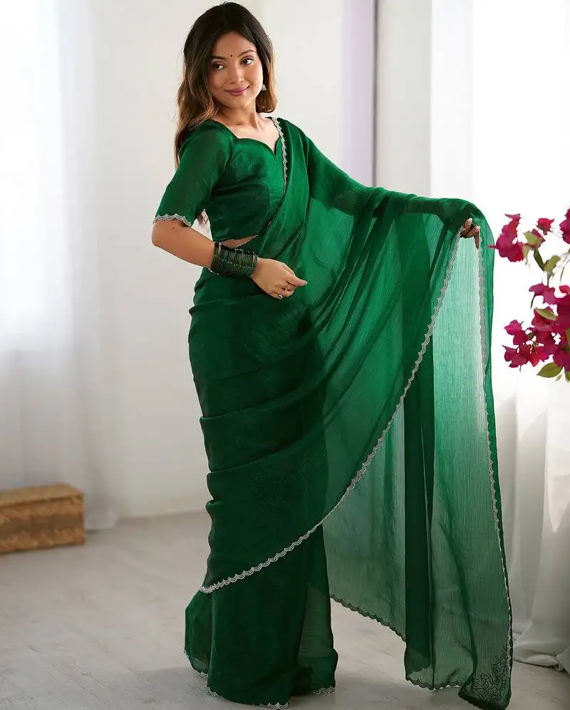 Green stone work chiffon saree with blouse