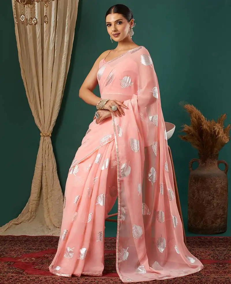 Light peach lace foil screen printed georgette saree with blouse