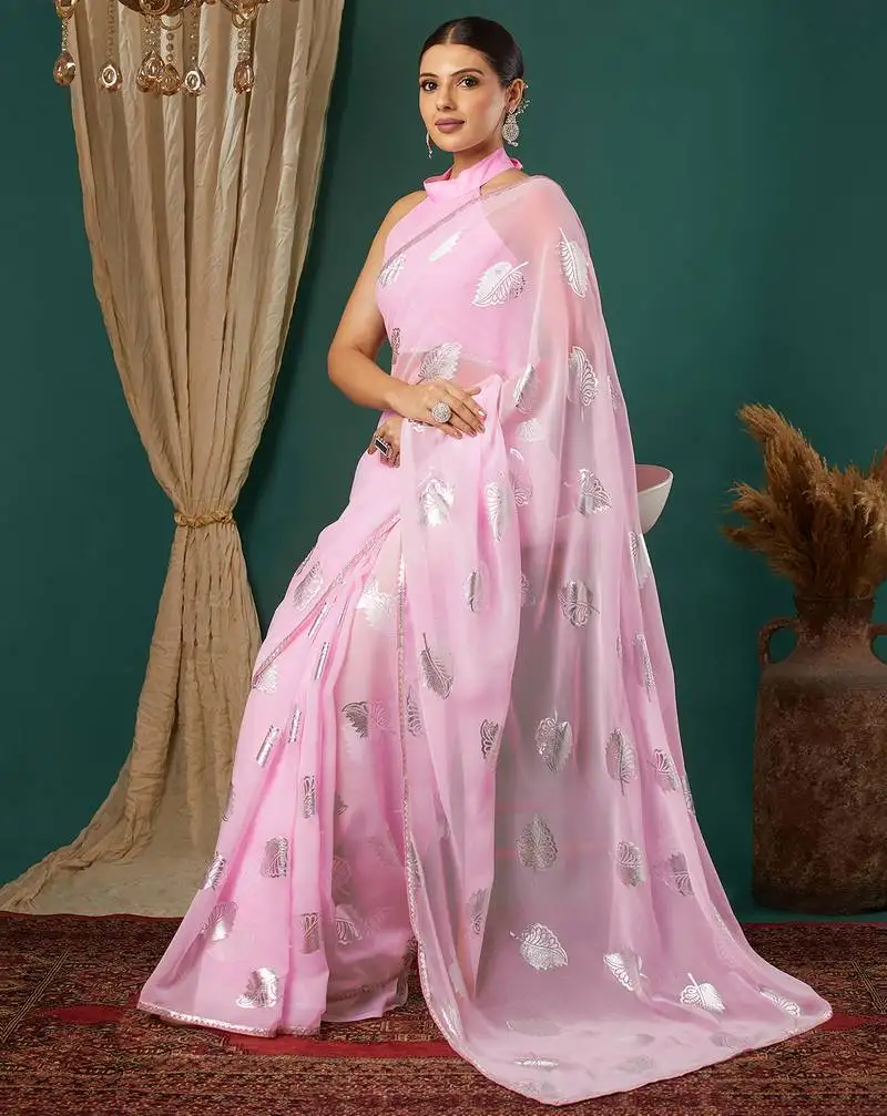 Light pink lace foil screen printed georgette saree with blouse