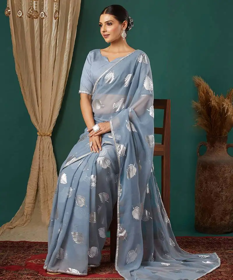 Grey lace foil screen printed georgette saree with blouse