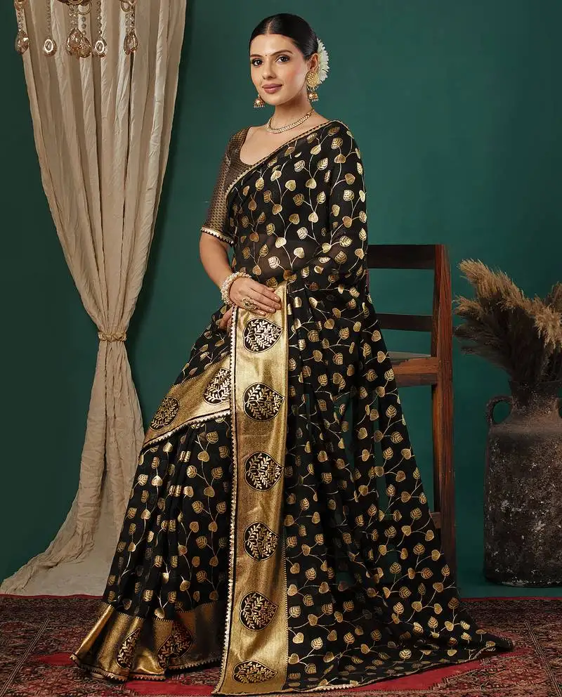 Black lace foil screen printed georgette saree with blouse