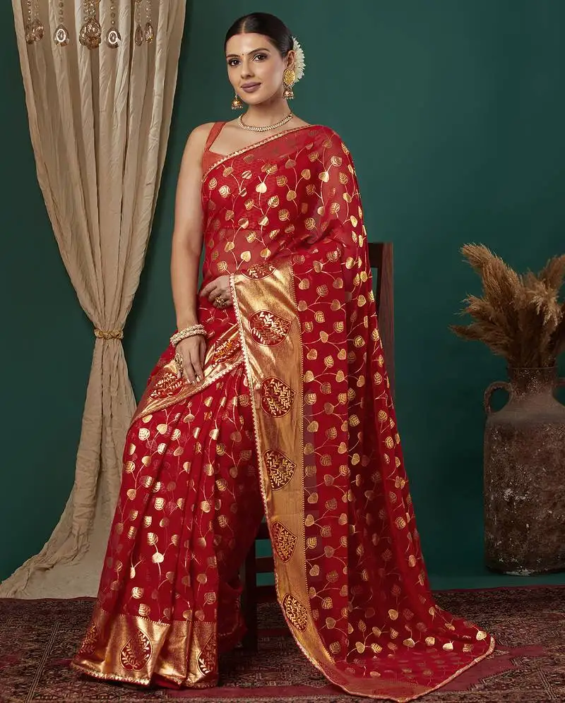 Red lace foil screen printed georgette saree with blouse