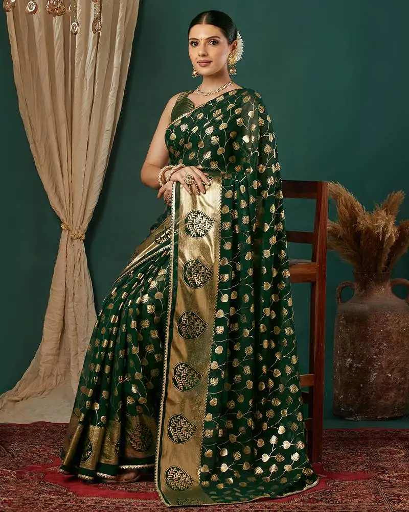 Dark green lace foil screen printed georgette saree with blouse