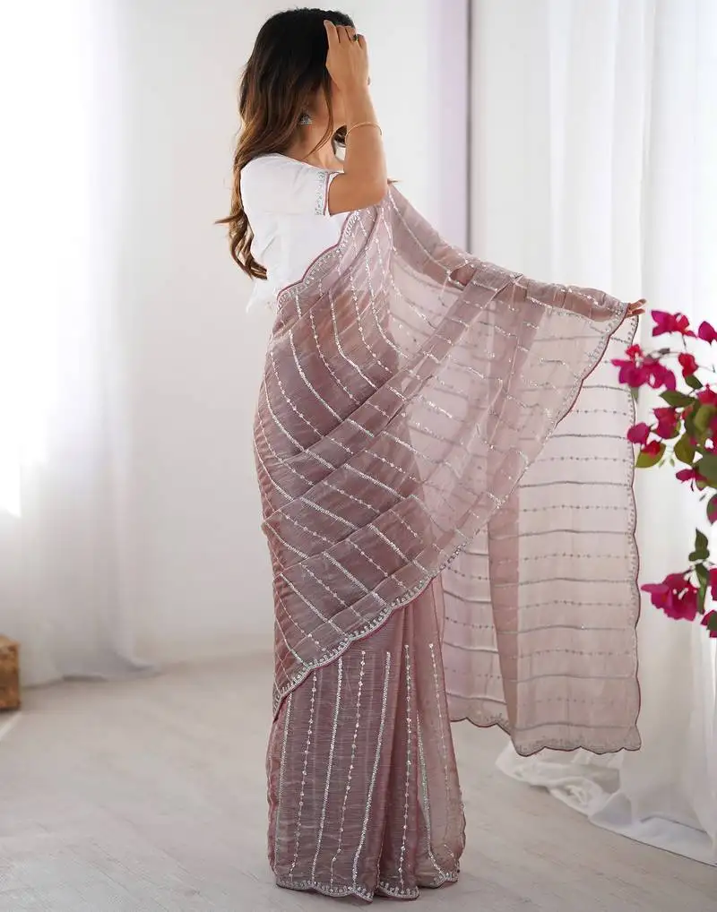 Dusty mauve sequin embroidered chiffon saree with blouse