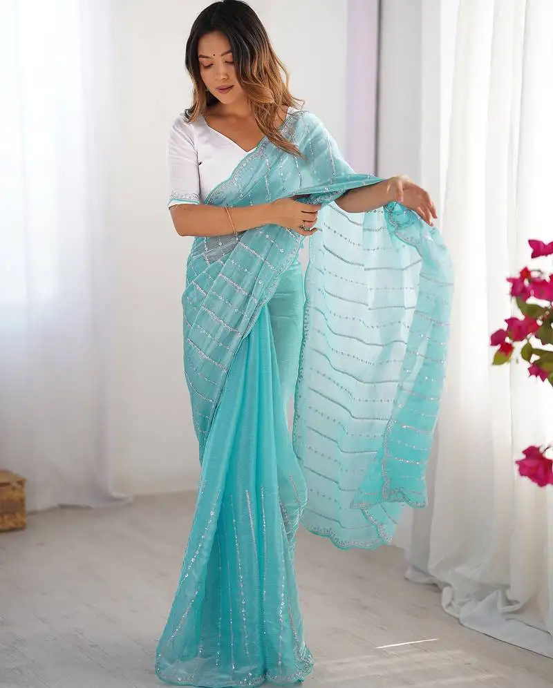 Aqua blue sequin embroidered chiffon saree with blouse