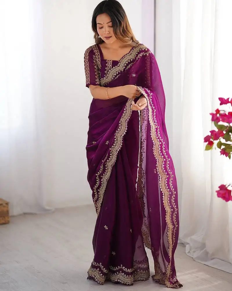 Dark magenta sequin embroidered chiffon saree with blouse