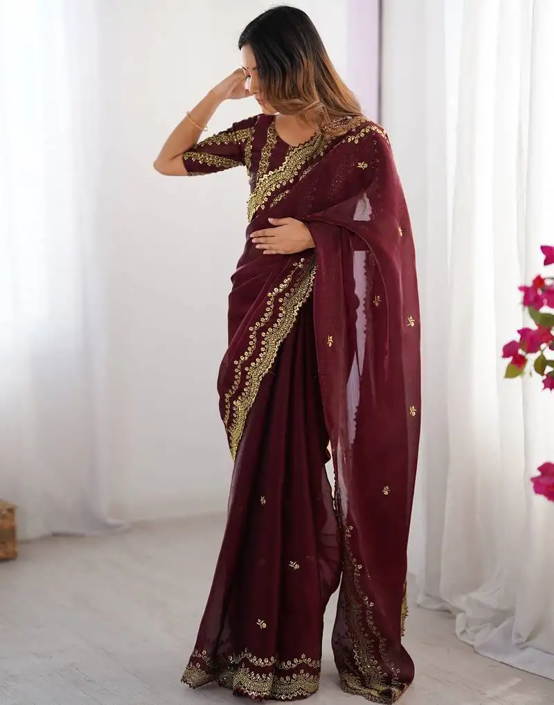 Maroon sequin embroidered chiffon saree with blouse