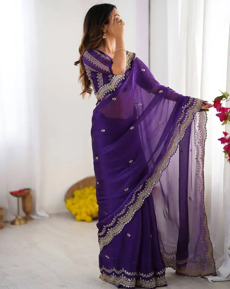 Purple sequin embroidered chiffon saree with blouse
