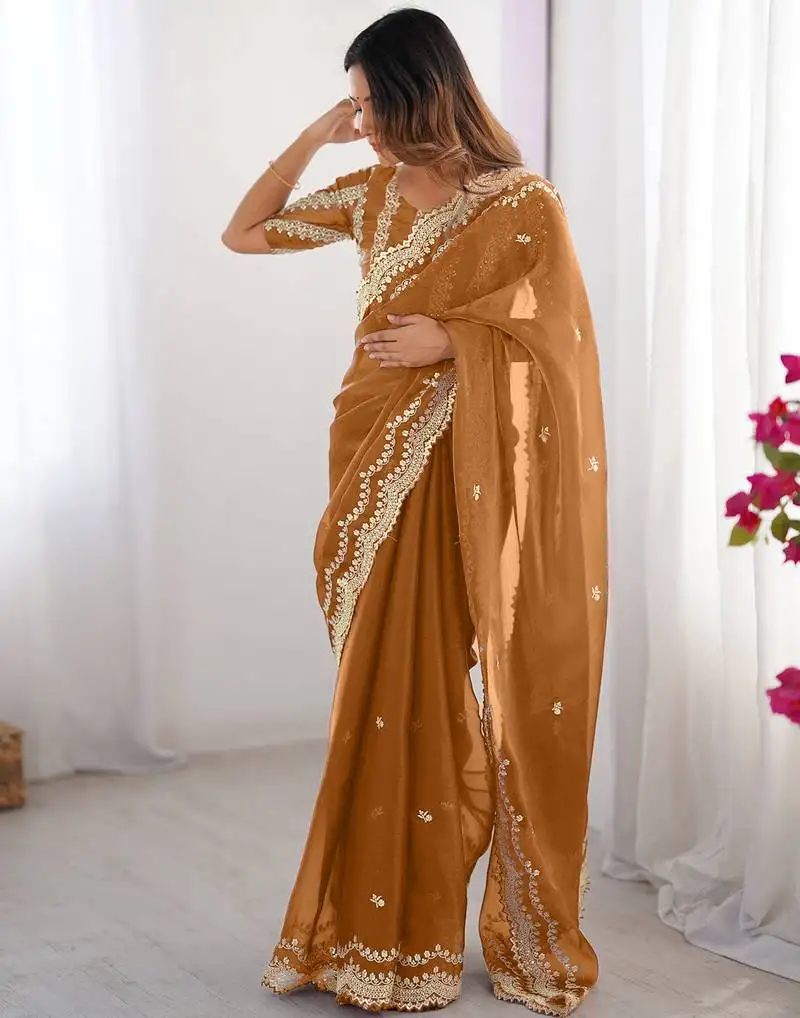 Dusty orange sequin embroidered chiffon saree with blouse