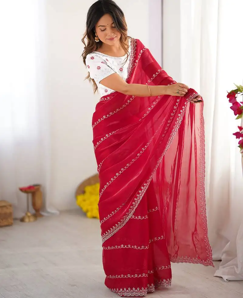Red sequin embroidery tissue silk saree with blouse