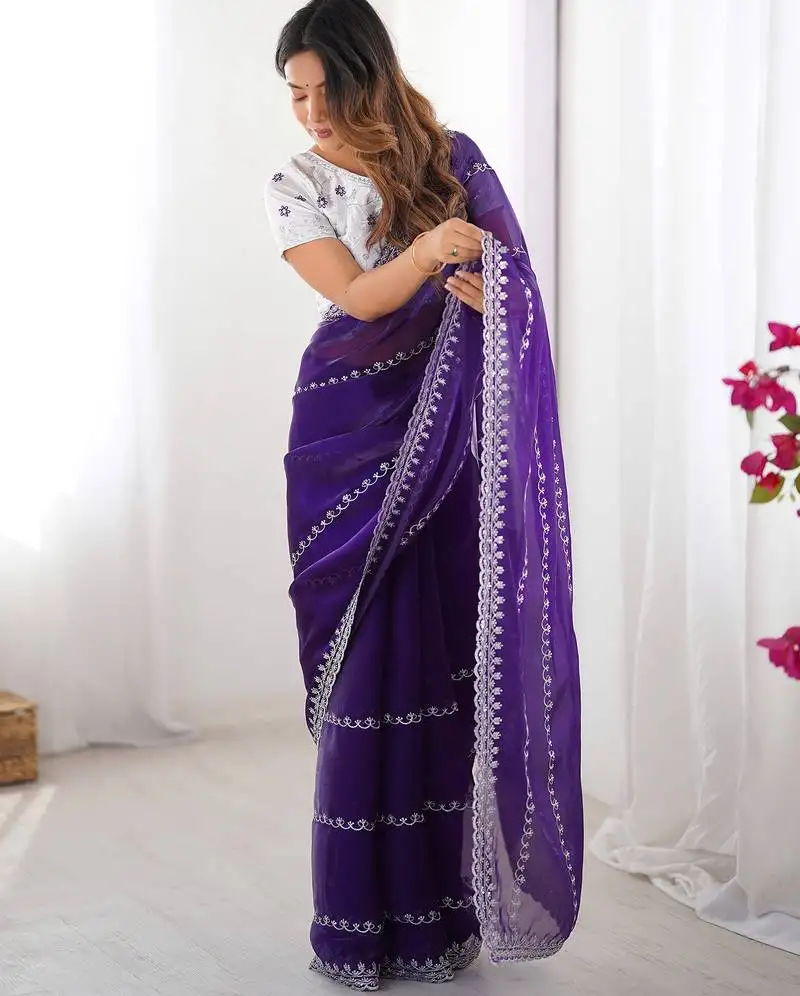 Indigo blue sequin embroidered tissue silk saree with blouse