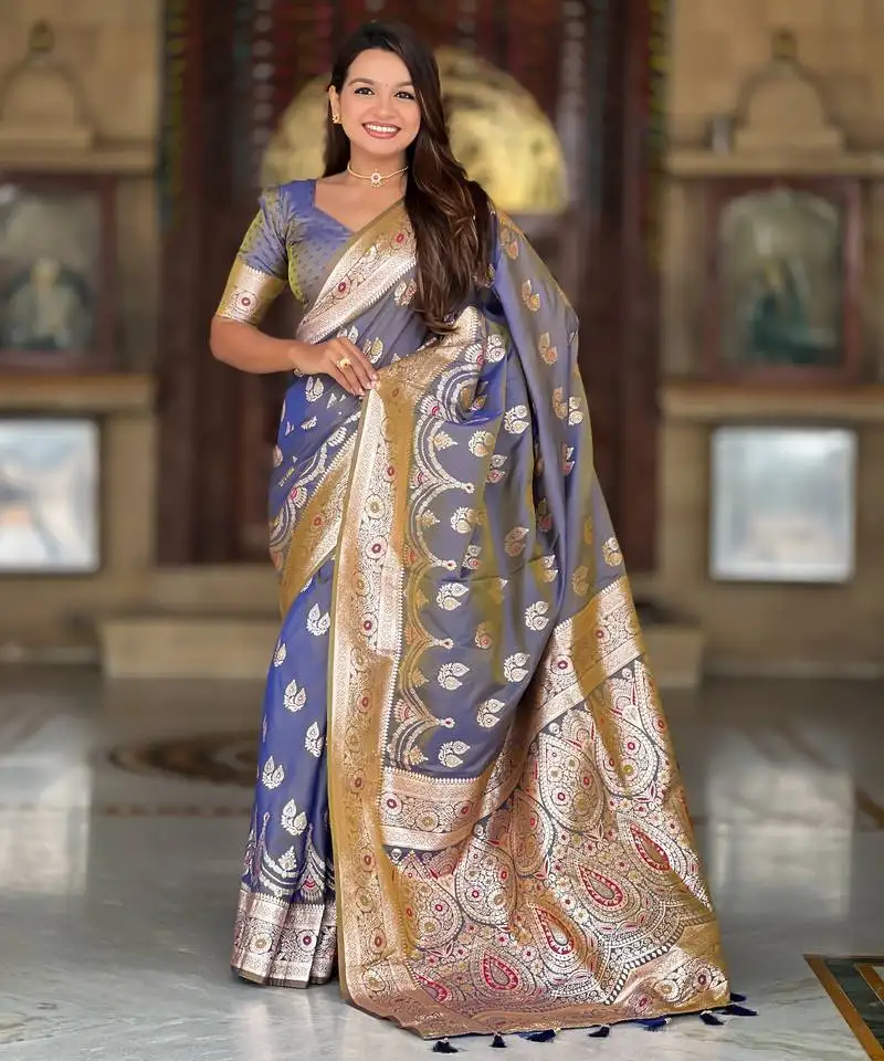 Grey zari weaving banarasi silk blend saree