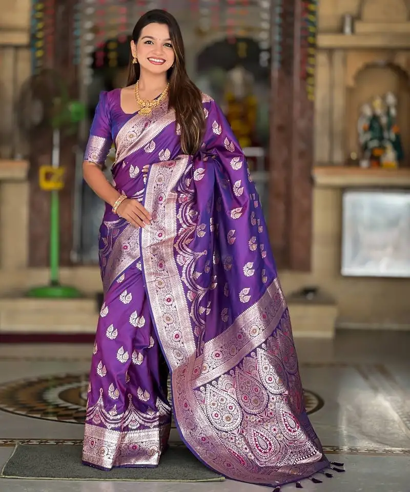 Purple zari weaving banarasi silk blend saree