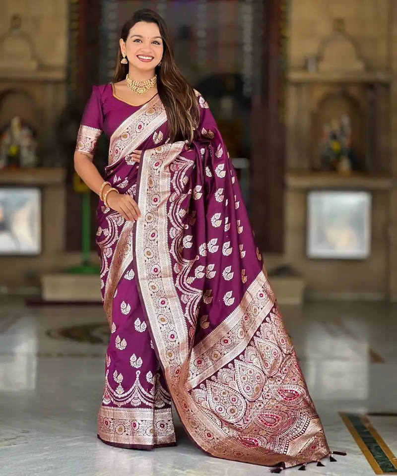 Wine zari weaving banarasi silk blend saree