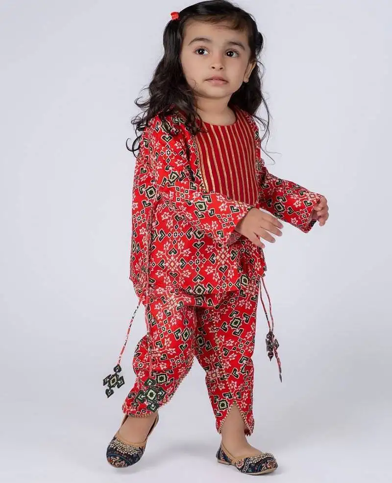 Red embroidered cotton kurti and dhoti