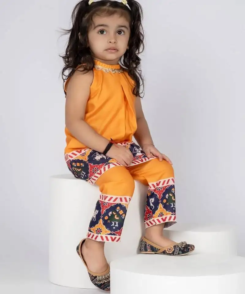 Yellow embroidered cotton kurti pants