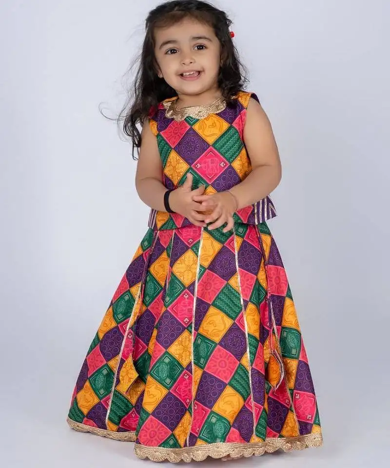 Multicolor embroidered cotton lehenga and top