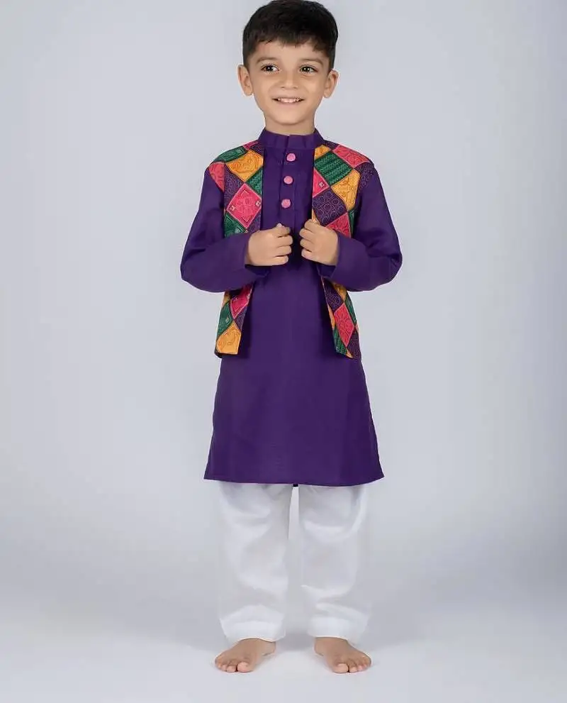 Purple embroidered cotton kurta pajama nehru jacket