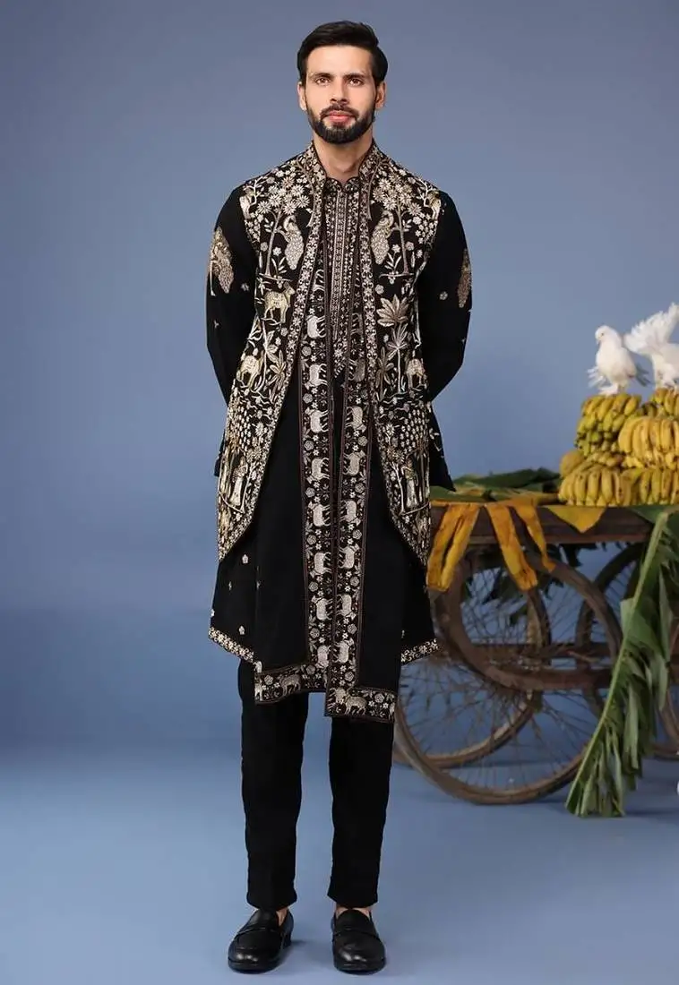 Zubir pichwai zari black kurta 1 jacket set