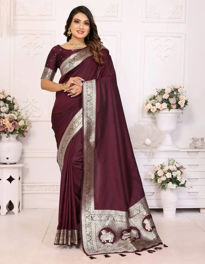 Wine banarasi silk blend saree