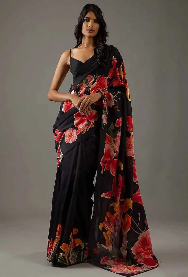 Black bright moss printed saree