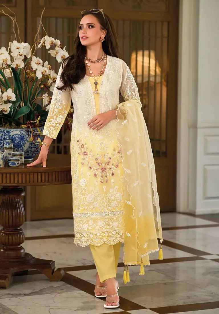 Yellow embroidered & sequins work organza straight pant suit - full stitched suit