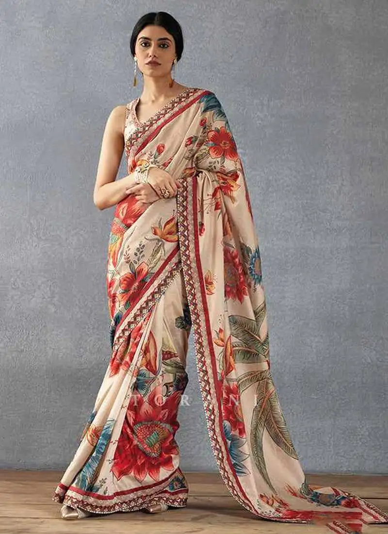Beige bright moss printed saree