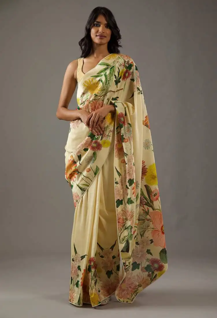 Yellow bright moss printed saree