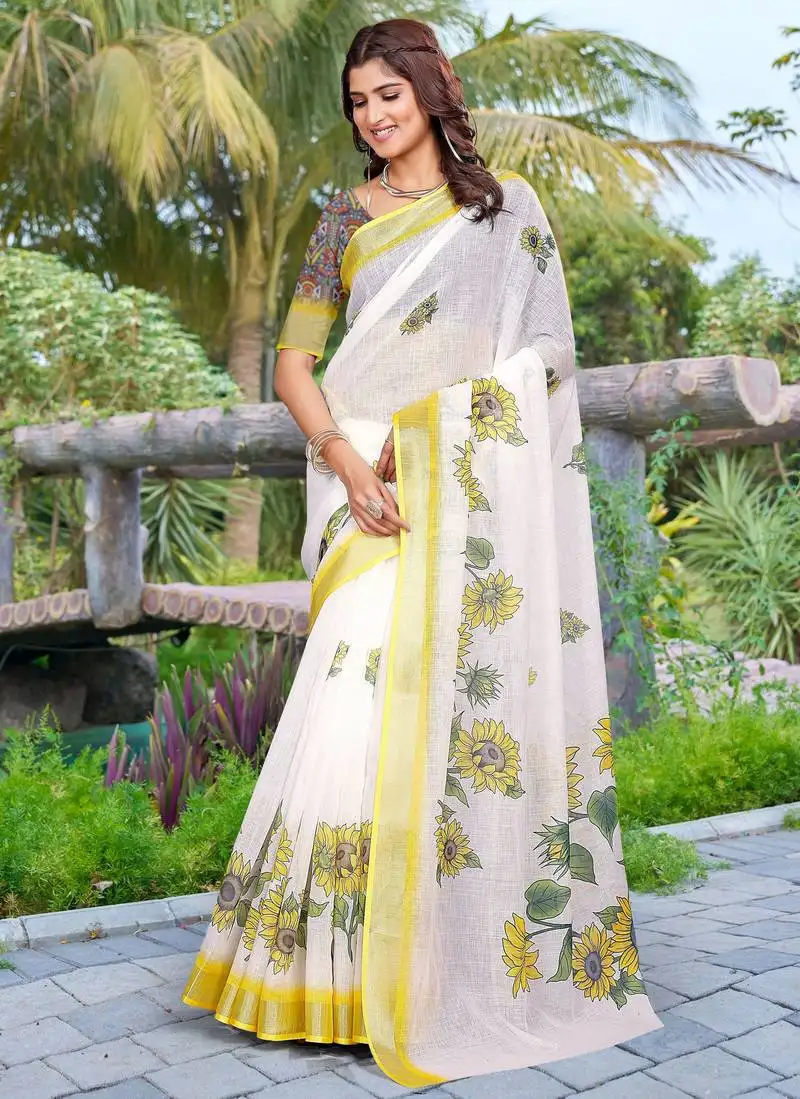 Yellow linen cotton saree