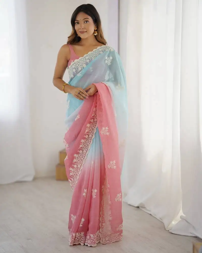 Rust crunchy silk blend embroidered saree