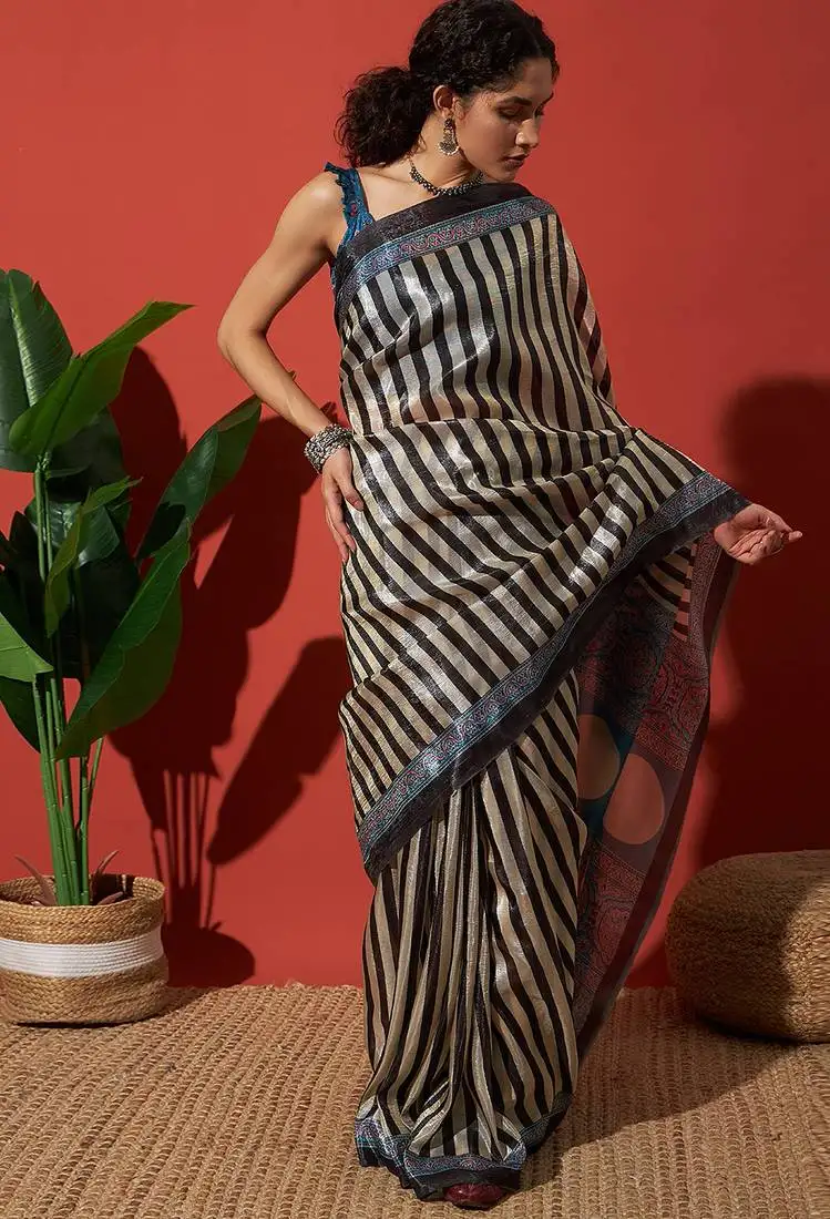 Black tissue digital printed fancy saree