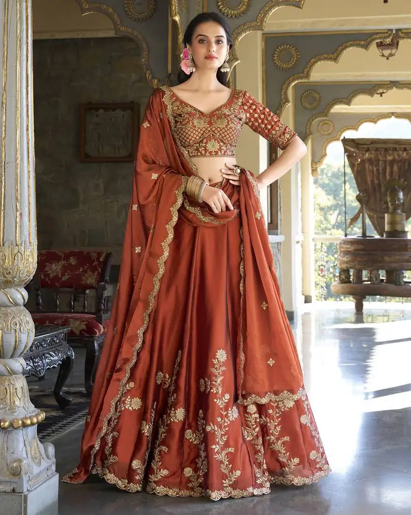 Red sequins and thread embroidered rangoli silk fabric indian designer latest design wedding lehenga dress
