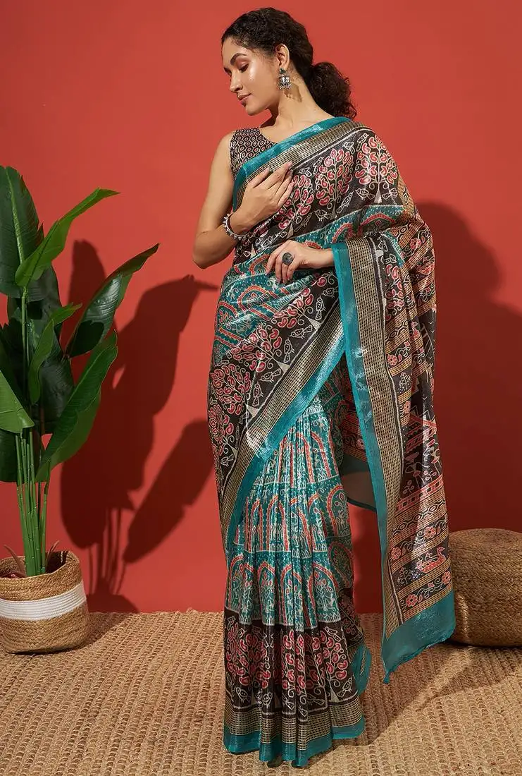 Sea green tissue digital printed fancy saree
