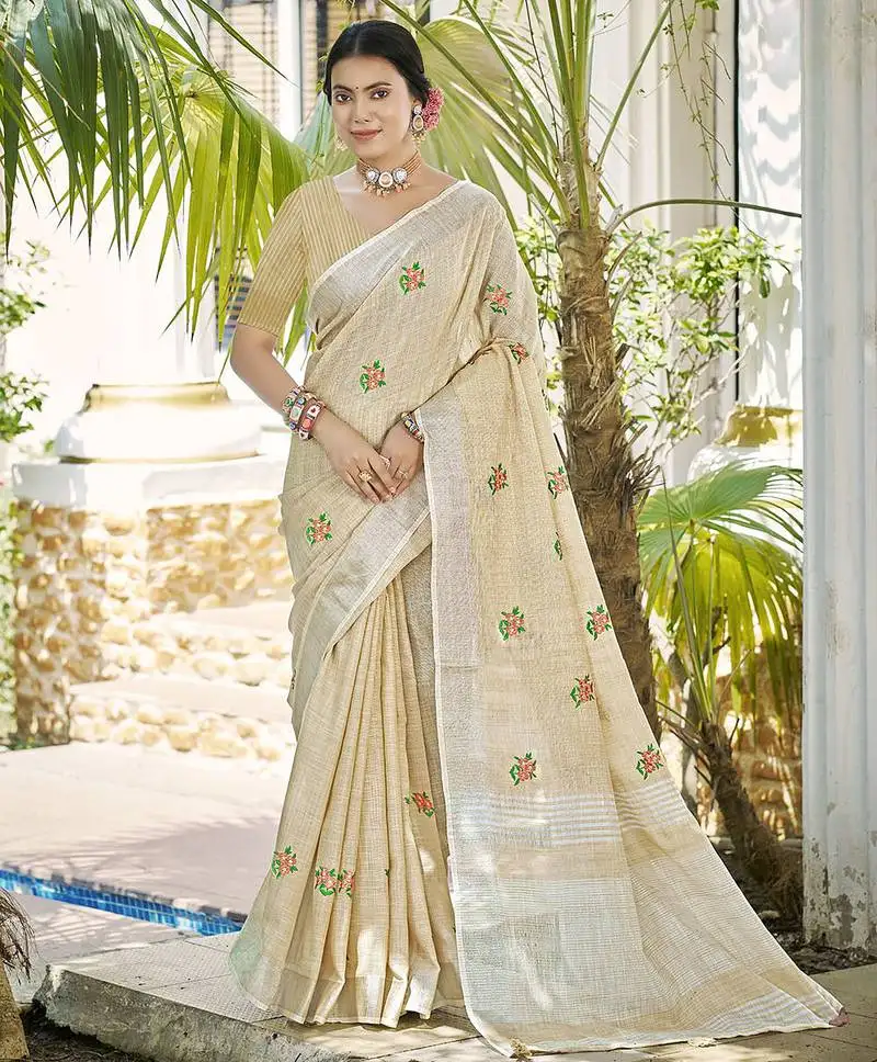 Beige linen embroidered saree