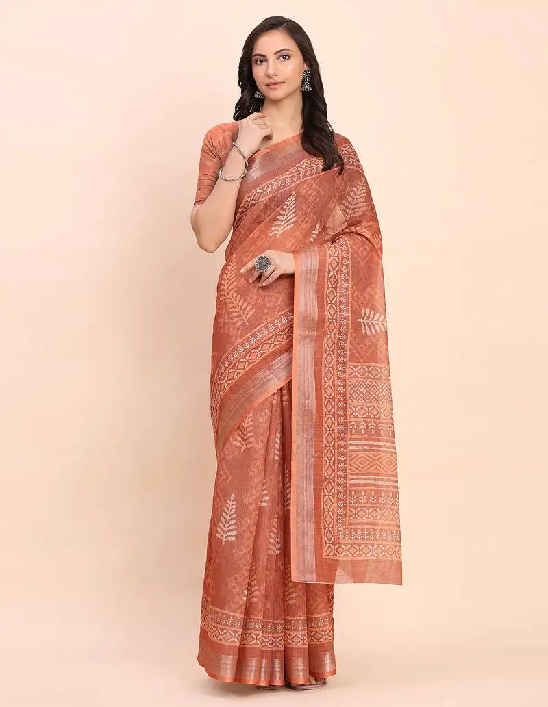 Rust linen cotton woven border printed saree