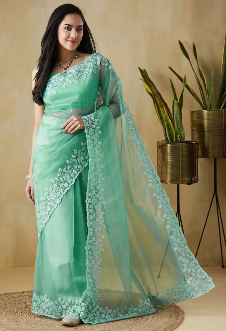 Sea green tissue ready to wear saree
