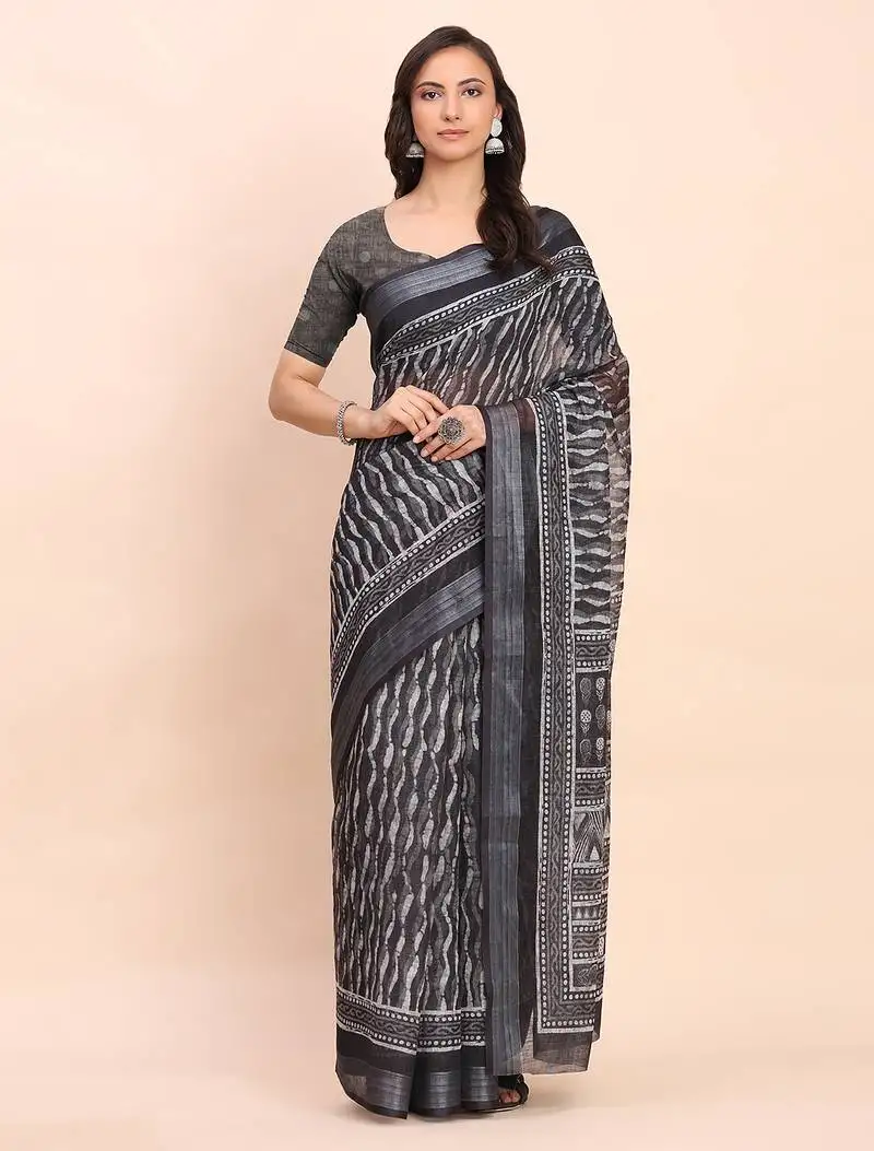 Black linen cotton woven border printed saree