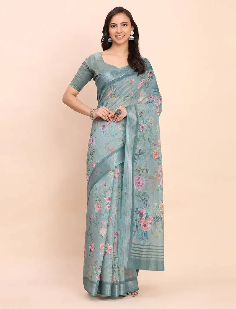 Sea green linen cotton woven border printed saree
